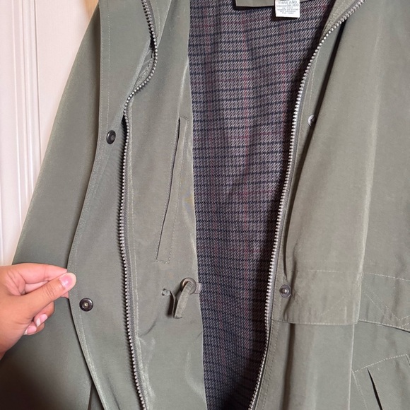 LL Bean Long Trench Coat Hooded Women’s Removable Wool Liner Army Green Lg - Picture 13 of 16